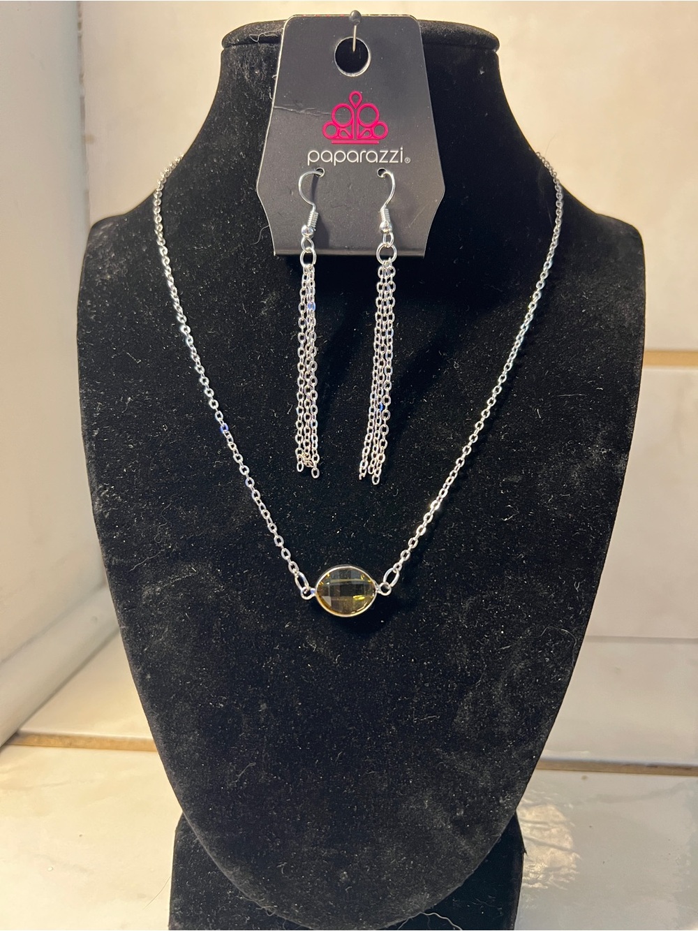 Paparazzi Silver Necklace with Yellow Glass Accent and Chain Tassel Earrings